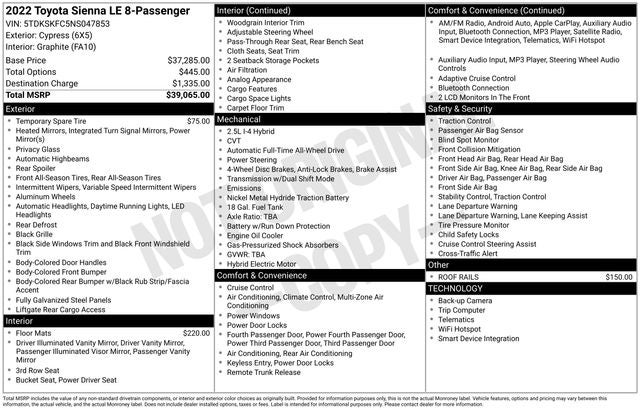 2022 Toyota Sienna LE 8 Passenger