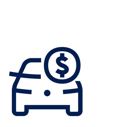 An icon of a car with a dollar sign symbol outlined in blue.