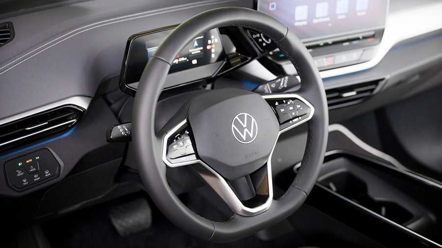 An interior shot of an ID.4 with focus on the steering wheel.
